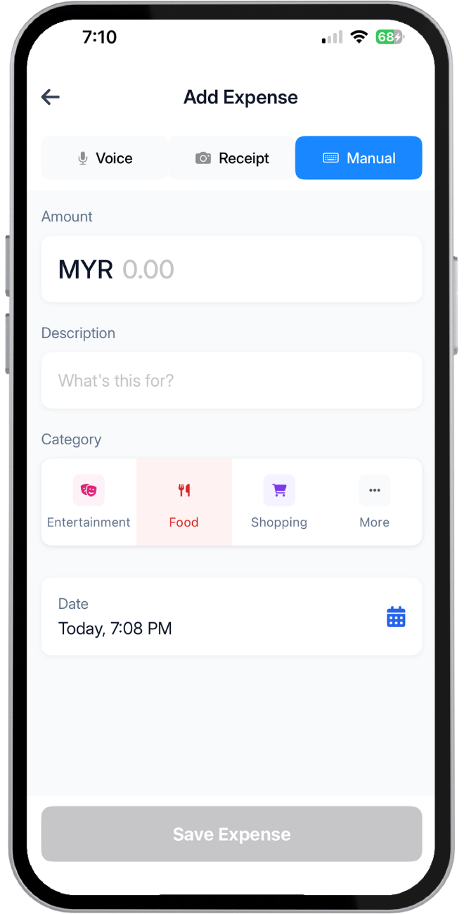 Finance Bro expense entry screen with voice, receipt, and manual input options